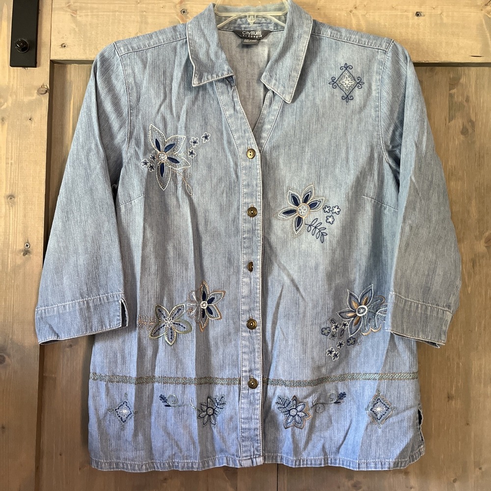 Vintage City Blues By Koret 3/4 Sleeve Denim Shirt Large Embroidered Cottagecore